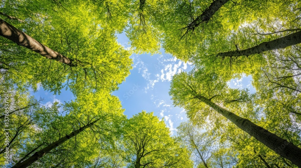 Fototapeta premium Looking up at the vibrant green treetops on a sunny day