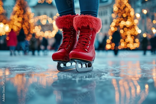 Skater Enjoys Winter Wonderland on a Festive Ice Rink With Holiday Lights in the Background