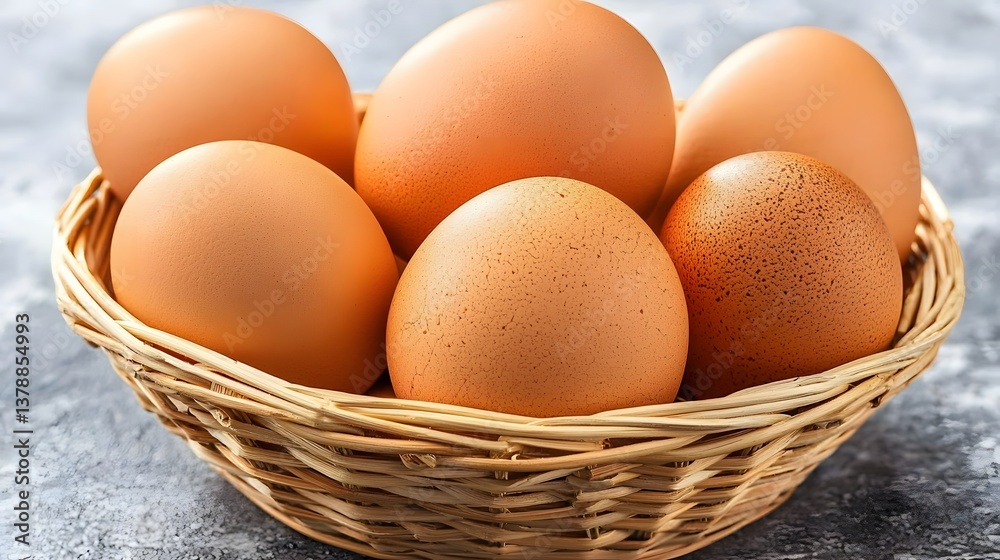 Basket Of Fresh Brown Eggs Arranged Beautifully On A Rustic Surface Ready For Cooking Preparation Basket Of Fresh Brown Eggs Arranged Beautifully On A Rustic Surface Ready For Cooking Preparation