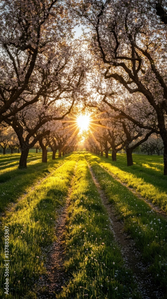 Naklejka premium Blossoming orchard at sunrise with vibrant sunlight