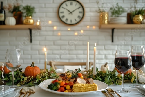 Festive Dinner Table Adorned With Roasted Turkey and Seasonal Decorations for...