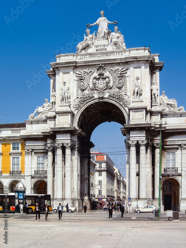 Lisbon, Portugal. Iconic Rua Augusta Street Triumphal Arch in Praca do Comercio Square or Terreiro do Paco. 18th Century neoclassical
