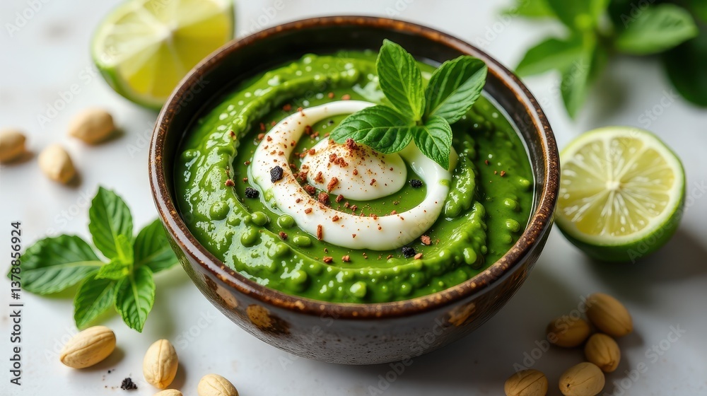 green chutney, served in a small, textured stoneware bowl with an artisanal feel. green chutney, served in a small, textured stoneware bowl with an artisanal feel.