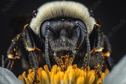 A closeup photograph capturing a bee as it interacts with a flower Macro perspective of a bee collecting pollen from a flower .