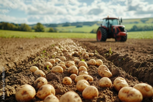 Potato Farming in a Sunny Field With Tractor Working on a Clear Day