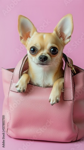 Cute Chihuahua Peeking out From a Pink Bag on a Vibrant Background