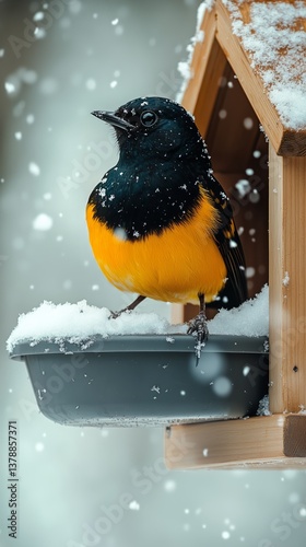Bird Resting on a Feeder During a Snowy Winter Day in a Tranquil Garden Setting