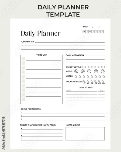 Modern and Minimal Personal Daily Planner Template. Planner page. Organizer page, diary and daily control book. Life planners, weekly and days organizers or office schedule list. Vector, printable