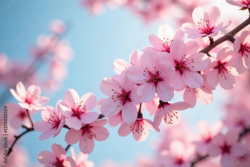 Obraz premium Delicate pink cherry blossoms, soft petals, gentle breeze, botanical, cherry blossom