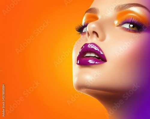 A vibrant orange and purple gradient background with the face of an attractive woman in front, showcasing her gorgeous eyes and glossy lips