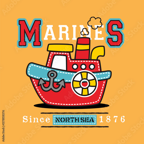 Cute Cartoon ship , Flat Vector Illustration