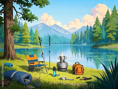 camping by the lake and mountains