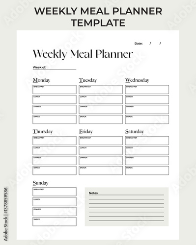 Weekly Food Planner. Meal Planner page template. planner pages, great for bullet journal. Healthy, diet planners. Minimalist Vector Printable Template.
