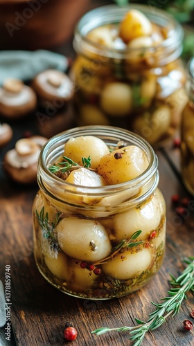 Delicious Pickled Mushrooms Preserved in Jars With Fresh Herbs on a Rustic Wo...