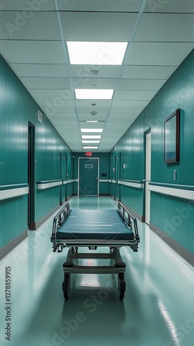 Hospital Corridor With Empty Stretcher During Quiet Hours in Teal Surroundings