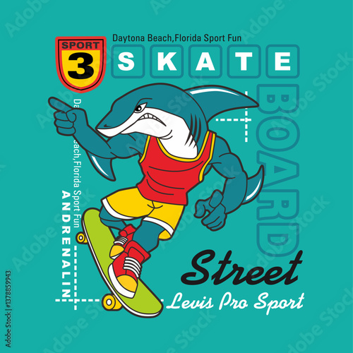 Cute shark cartoon, sport skater, isolated Flat Vector Illustration
