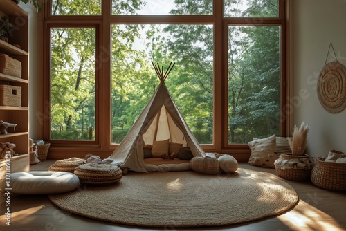 Cozy Indoor Play Area With Teepee and Cushions in a Sunlit Room