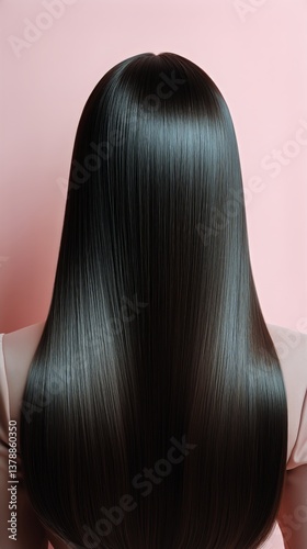 Long, Shiny Black Hair With a Smooth Texture Against a Soft Pink Background