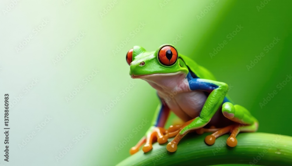 Naklejka premium Green tree frog perched on white, vibrant skin, biology, digital art