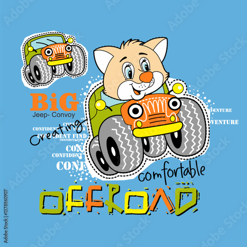 Cartoon cat with off road car, Flat Vector Illustration