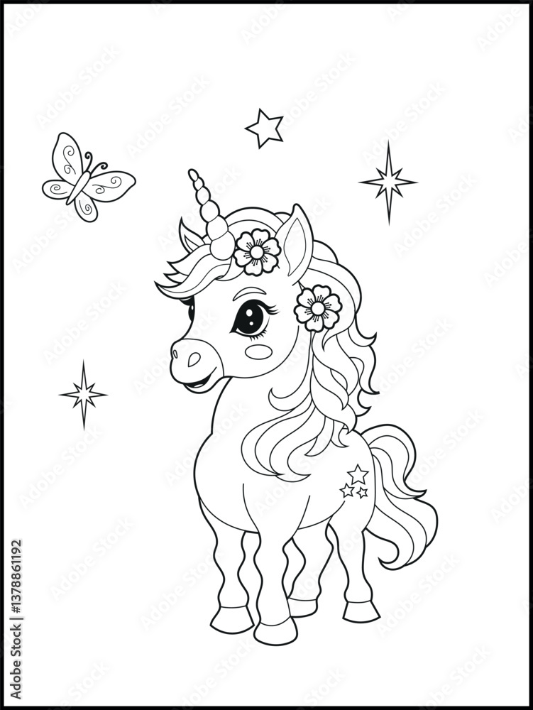 Fototapeta premium Bold and Easy Printable Unicorn Coloring Page for Kids. Cute, Hand-Drawn, Black and White Coloring Sheet with Cartoon Characters and Simple Doodles