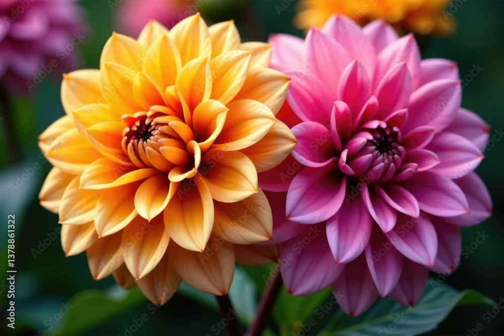 Obraz premium Intricate dahlia blooms, vibrant colors, close-up view , colorful, romantic, flower