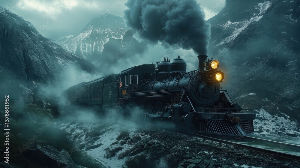 Fototapeta premium Steam locomotive travels through misty mountains during twilight hours in a picturesque landscape
