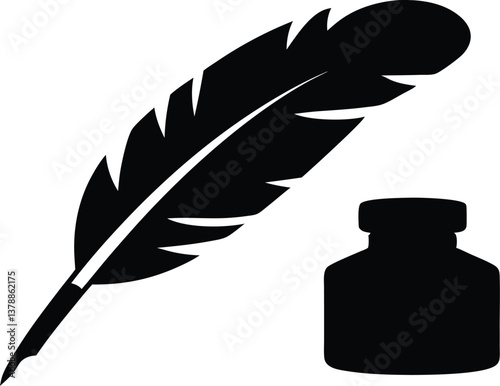 Quill and Ink Bottle Silhouette Vector, Feather quill pen with bottle icon
