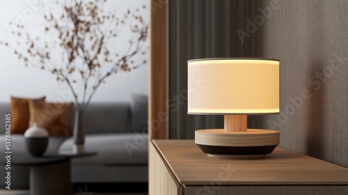 Modern Table Lamp With Beige Shade And Wooden Base In Living Room