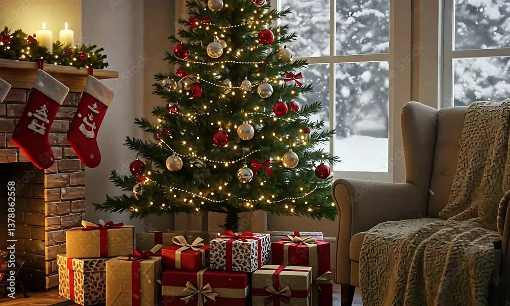 Enjoying Cozy Fireplace Scene with Decorated Tree and Falling Snow
