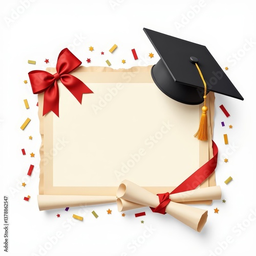 Graduation cap and diploma scroll surrounded by confetti, celebration