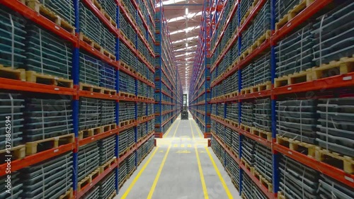 Drone in a large warehouse moving upwards between shelves