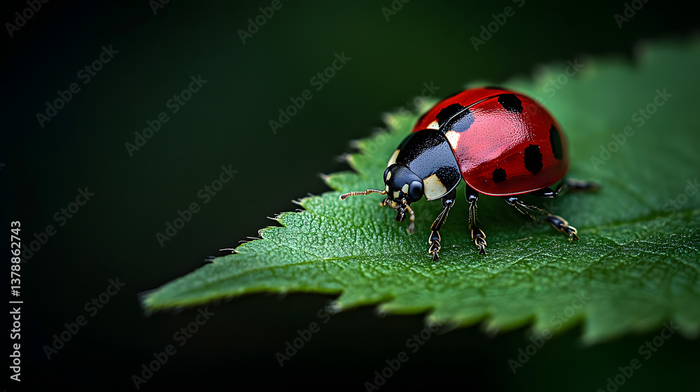 Fototapeta premium A close-up shot of a ladybug crawling along a green leaf, its red shell and black spots highlighted against the rich texture of the leaf surface.