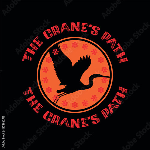 The orange-red vector illustration of flying crane with the text "The crane's path" on a black background.