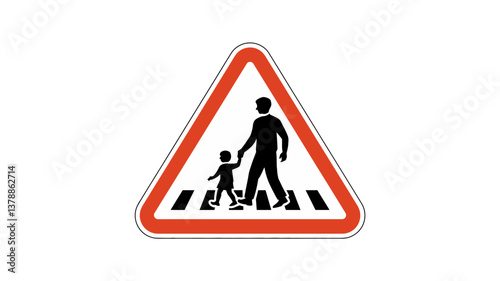 Road Sign: Pedestrian Crossing: A standard road sign in the shape of a red triangle indicates a pedestrian crossing, with figures representing an adult and a child crossing the road.