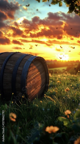 Wooden Barrel Resting in a Sunlit Meadow at Sunset Surrounded by Flowers