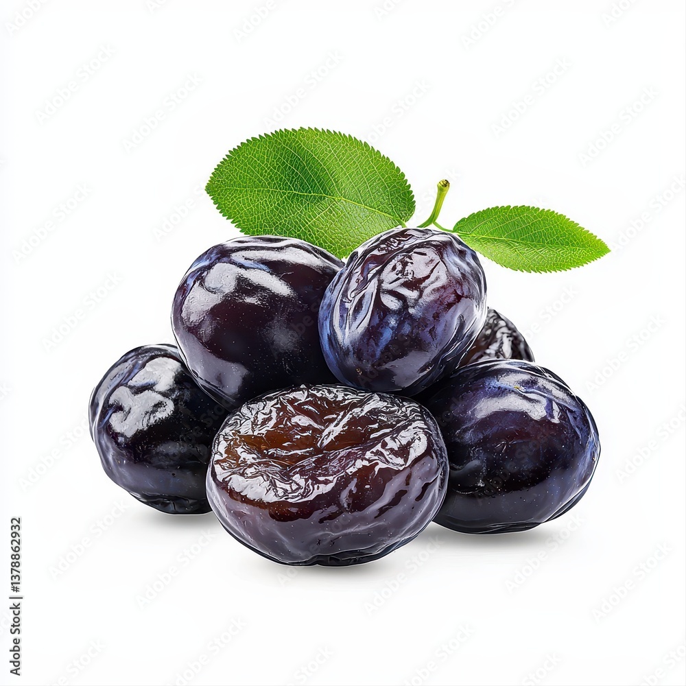 A bunch of fresh black plums with a leaf on top perfectly captured for healthy eating in high quality realistic photo