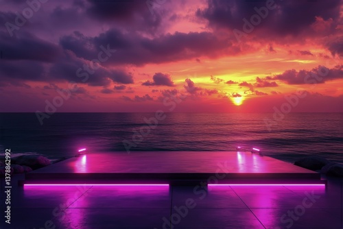 Beautiful Coastal Sunset With Colorful Lights and Tropical Plants