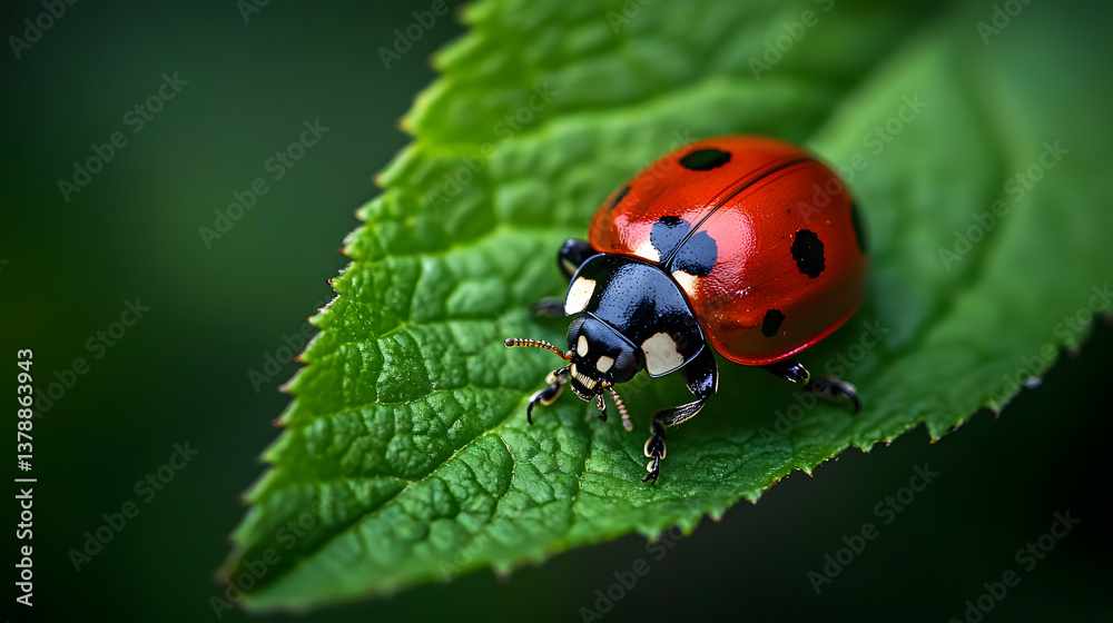 A close-up shot of a ladybug on a vibrant green leaf, its black spots clearly visible as it rests peacefully in nature. A close-up shot of a ladybug on a vibrant green leaf, its black spots clearly visible as it rests peacefully in nature.