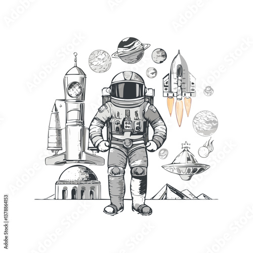 Hand-Drawn Astronaut in Space Surrounded by Planets and Satellite. Vector illustration. Generative Ai