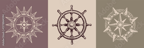 Compass Wind rose on white, Ship wheel, hand drawn Illustration.