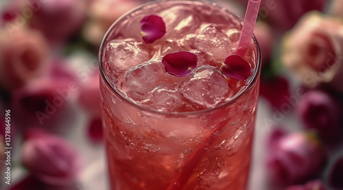 Refreshing Rose-Flavored Cocktail Served in Glass With Ice and Rose Petals Su...