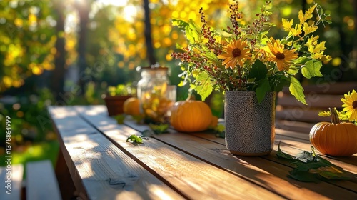 Capture the essence of autumn with this vibrant image showcasing pumpkins, sunflowers, and fall foliage on a rustic wooden table bathed in the warm glow of golden sunlight Evoke feelings of cozy