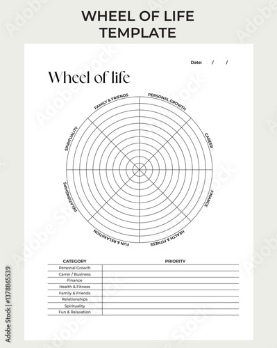 Wheel of life balance. Vector printable template. Coaching tool. Diagram with blank lines to fill. Coaching tool for bullet journal page, daily planner template, blank for notebook