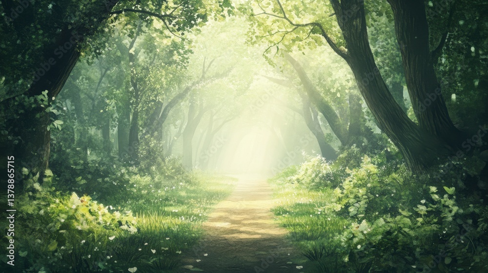 Fototapeta premium Mystical Forest Trail Sunlight Path Through Lush Green Trees and Fog
