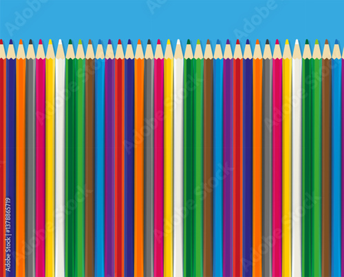 Realistic box of colored pencils icon set closeup