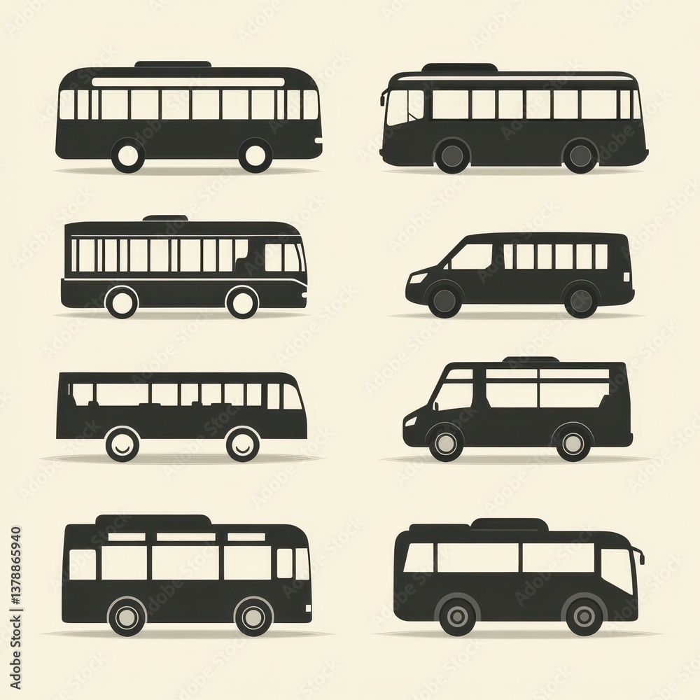 Various public transport vehicles illustrated in silhouette format showcasing bus and van designs Various public transport vehicles illustrated in silhouette format showcasing bus and van designs