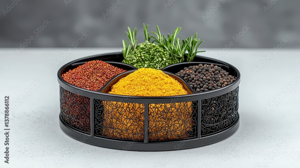 High quality realistic photo of a black and white bowl filled with spices isolated on a bright white background