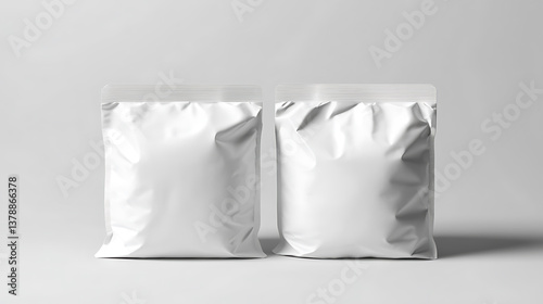 Two pristine white resealable pouches stand ready, promising the freshness and purity of their unseen contents against a minimalist grey backdrop.