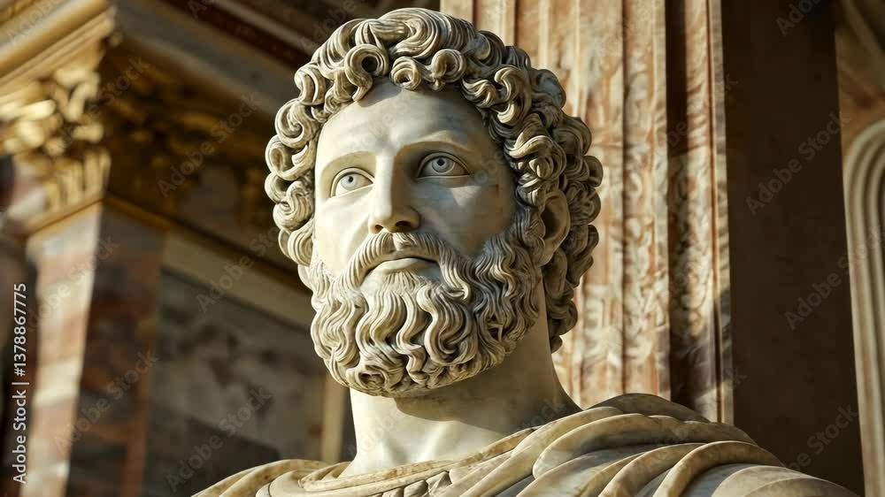 Ancient statue of a Greek god displayed in a grand architectural setting with detailed craftsmanship in a historical museum